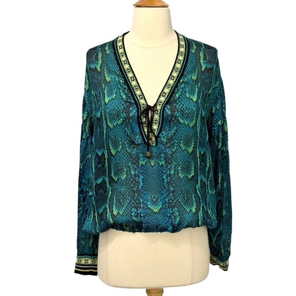 Roberto Cavalli Snakeskin Print Blouse Top V-Neck Elastic Waist Blue Size M/L? - Picture 1 of 14